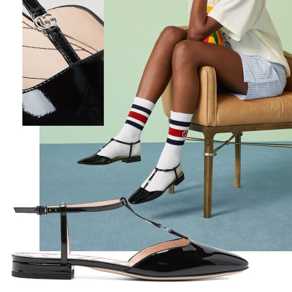 GUCCI SHOES T-STRAP BLACK LEATHER BALLET FLATS w DOUBLE G LOGO sz 39 9 - Picture 1 of 16